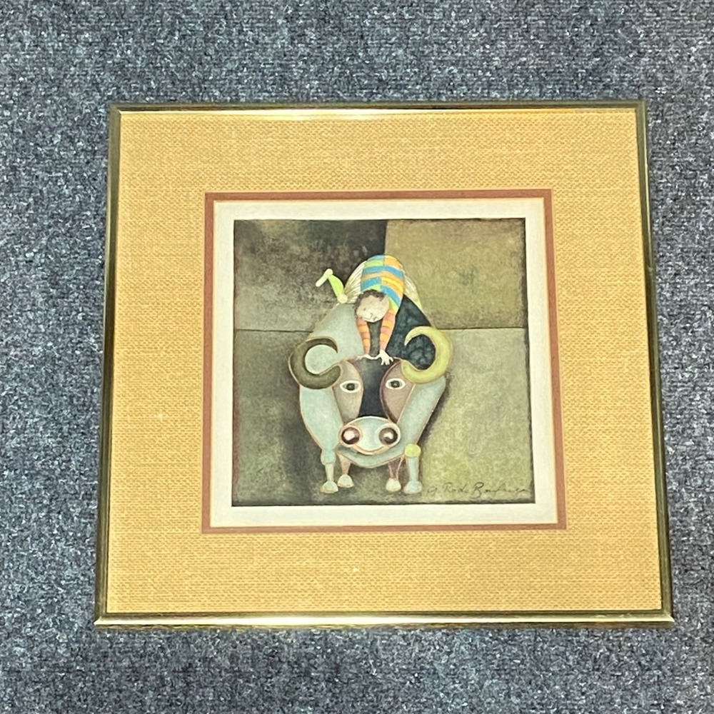 Graciela Rodo Boulanger Boy on Bull Original Color Lithograph Signed Framed